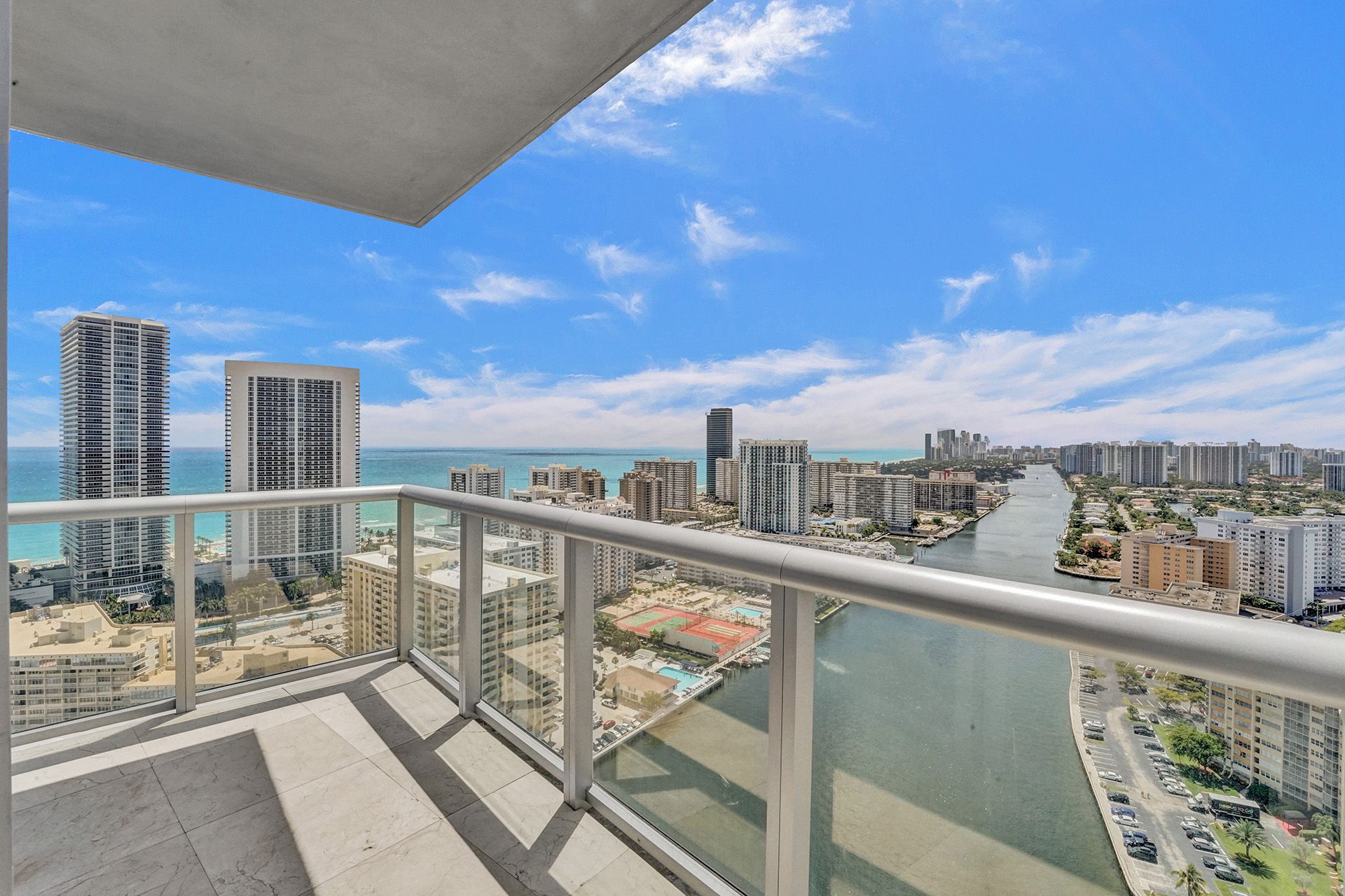 Ocean and Intracoastal view from a high-rise balcony in Hallandale Beach